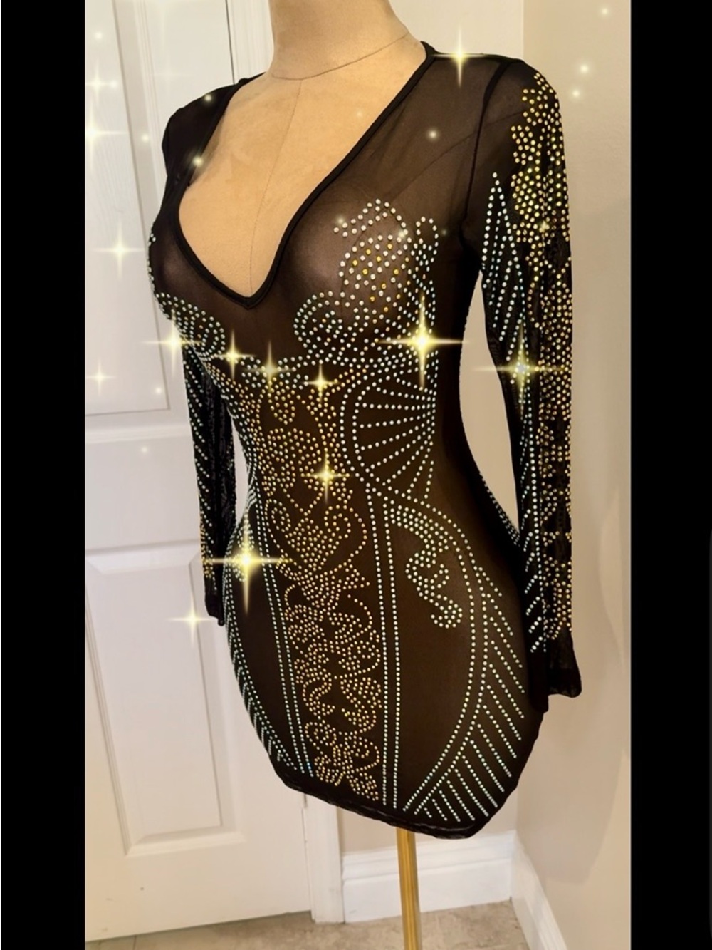 Black Sheer Rhinestone Sheer Mesh Embellished Bodycon Dress